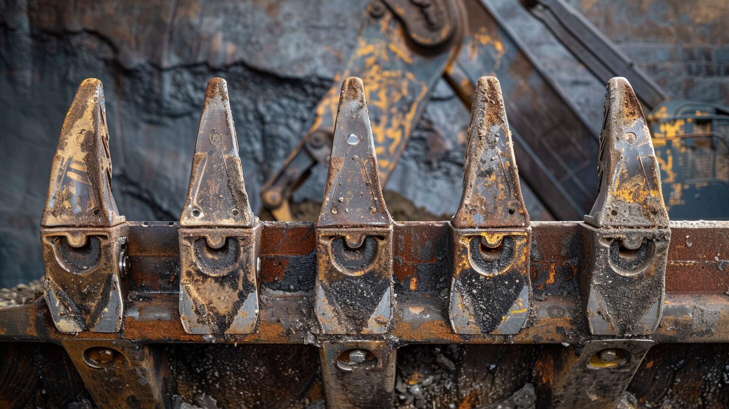 Row of rugged excavator bucket teeth, close-up.