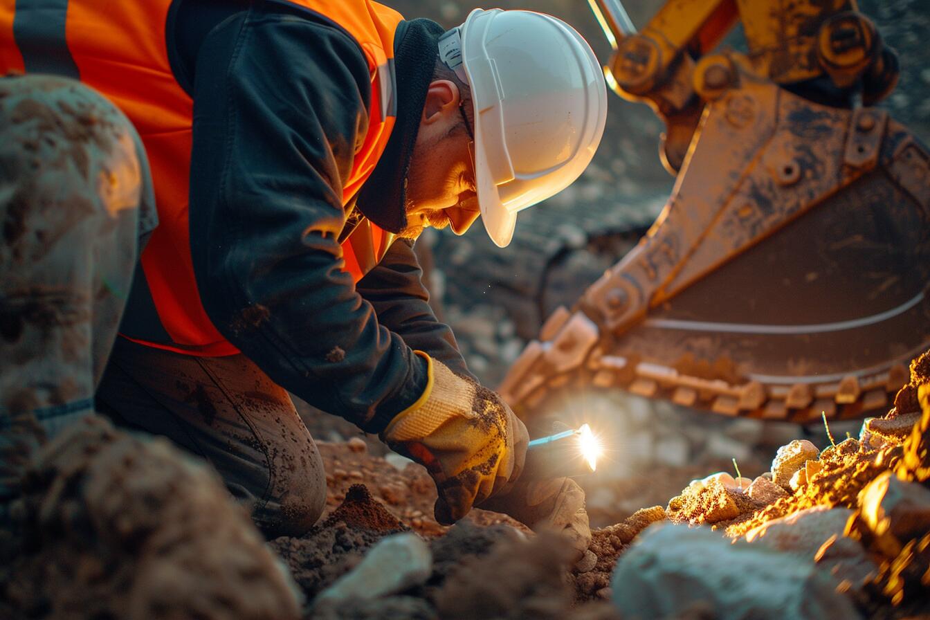 Worker inspecting construction site with excavator in background, wearing safety gear.