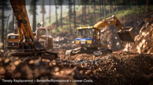 Excavators at work in a forested construction site, emphasizing timely equipment replacement.