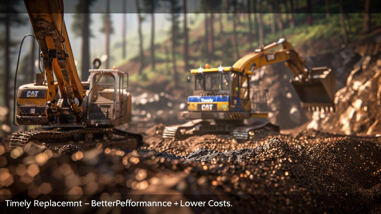 Excavators at work in a forested construction site, emphasizing timely equipment replacement.