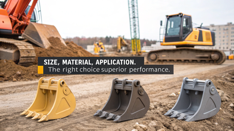 Different excavator bucket designs displayed at a construction site, showcasing versatility.